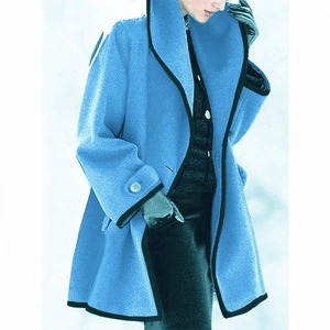 Sky blue hooded wool blend mid-length coat with black contrast trim and oversized buttons