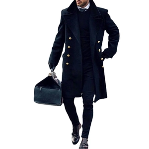 Classic men's black double-breasted wool overcoat with golden metal buttons and lapel