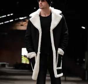 Manteau d'hiver noir pour homme en suédine avec col en polaire blanche et doublure