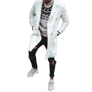 Men's stylish white double-breasted wool overcoat with grey turtleneck sweater and black jeans