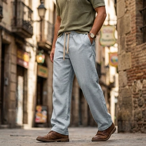 Dettaglio del tessuto a spina di pesce grigio-azzurro e vita elastica con coulisse per pantaloni uomo