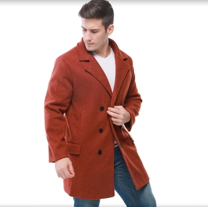 Men's brick red double-breasted wool trench coat with lapel collar in a mid-length fit