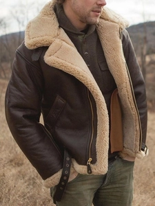 Classic men's brown faux leather shearling jacket with warm wool lining and collar