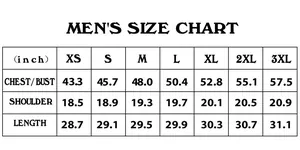 Detailed men's size chart in inches for faux fur suede jacket ranging from XS to 3XL