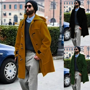 Men's hooded duffel coat with horn buttons in mustard, black and dark green options