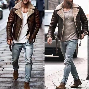 Men's brown suede faux fur jacket with thick sherpa collar and warm vintage style