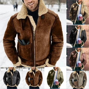 Men's Winter Warm Faux Suede Jacket Thickened Fleece Lined Lapel Zip Up Casual Outdoor Outerwear Coat