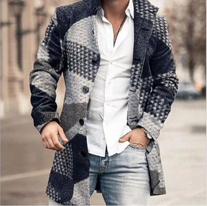 Men's wool coat featuring a geometric black and grey patchwork design in mid-length style