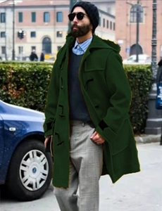 Men's dark green wool blend hooded duffle coat with horn buttons and large side pockets