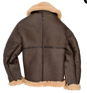 Classic B-3 aviator jacket in dark brown faux suede with thick beige faux fur lining back view