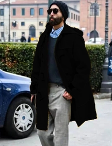 Men's black hooded wool coat with toggle buttons in a stylish long urban street style