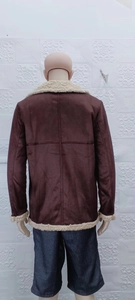 Rear view of brown faux suede jacket featuring thick beige sherpa lining and collar details