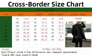 Detailed size chart for men's thick wool coat with bust and length measurements