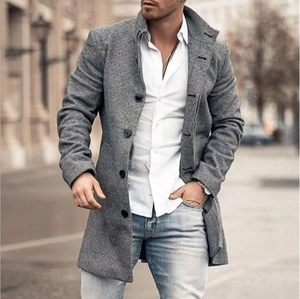 Men's slim fit grey plaid wool blend coat in mid-length single-breasted design