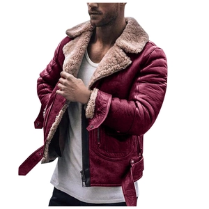 Men's wine red faux suede aviator jacket with warm beige shearling collar and buckles