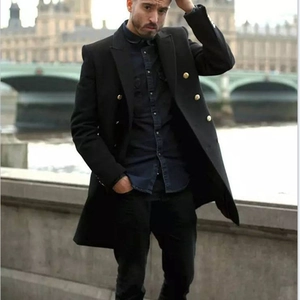 Men's winter black double-breasted wool coat with gold buttons and notch lapel