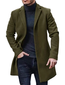 Men's olive green wool blend slim fit mid-length overcoat with classic notch lapel