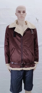 Detail of faux suede aviator jacket featuring warm sherpa fleece lining and collar