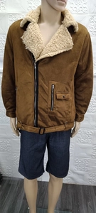 Detail of men's aviator jacket with thick faux shearling lining and contrast suede texture