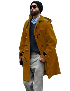 Men's thick mustard wool coat with classic hood and toggle buttons for winter