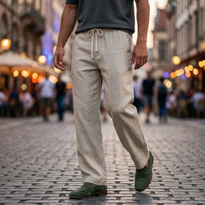 Dettaglio dei pantaloni da uomo a spina di pesce con coulisse in vita e stile cittadino
