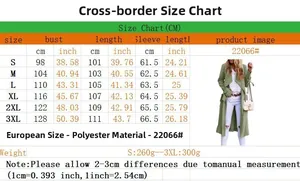 Detailed size chart for mid-length A-line coat showing bust and length in cm and inches