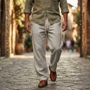Dettaglio dei pantaloni in lino a spina di pesce grigio chiaro con coulisse in cotone