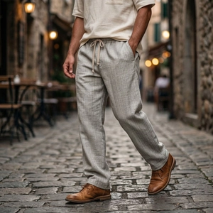 Dettaglio dei pantaloni in lino grigio chiaro a spina di pesce con coulisse su strada acciottolata