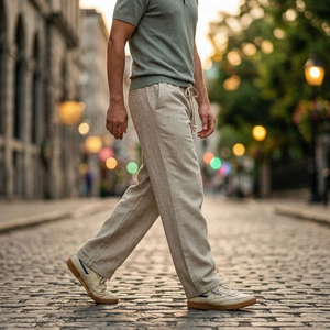 Dettaglio pantaloni uomo beige a spina di pesce con coulisse e polo in maglia verde