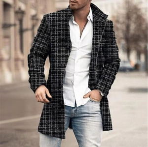 Detail of classic black and white houndstooth wool coat with premium textured fabric