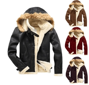 Men faux suede hooded jacket with thick faux shearling lining in multiple colors