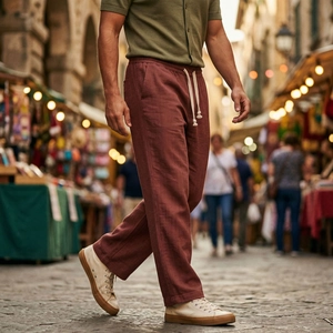 Dettaglio dei pantaloni in lino rosso mattone da uomo con coulisse elastica in città