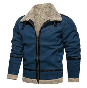 Chaqueta azul marino para hombre en ante sintético con forro de borreguito beige y cremallera