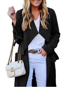 Detail of a black long-length cardigan with waist tie and decorative sleeve cuffs
