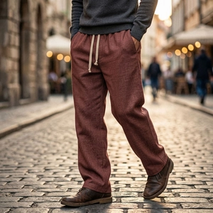 Dettaglio dei pantaloni rosso mattone traspiranti con coulisse e tasche su strada di ciottoli