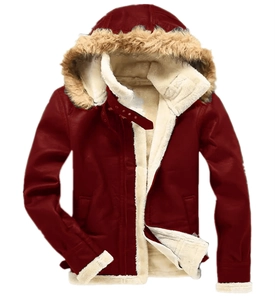Detail of dark red faux suede jacket showing thick faux fur lining and collar buckle