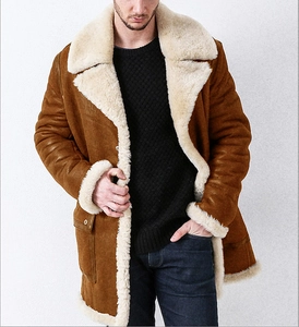 Men's brown thick faux suede long coat with fleece lining and sheepskin collar