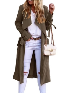 Women's army green long trench coat with oversized lapels and bow-tied cuffs