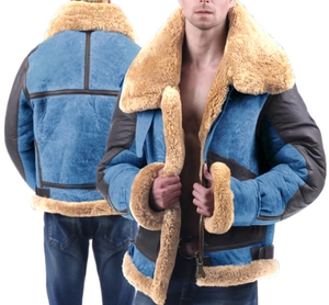 Giacca da uomo stile B3 in finta pelle scamosciata blu con collo in lana e finiture
