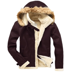 Deep burgundy men's faux suede jacket with warm white fleece lining and plush fur hood