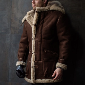 Men's brown faux suede shearling hooded coat with white fleece lining and horn buttons