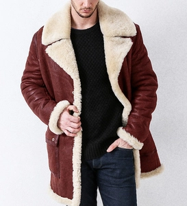 Men's burgundy faux suede shearling long coat with white sherpa collar and lining