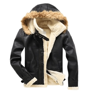 Men's black faux suede jacket with thick cream faux fur lining and hood detail