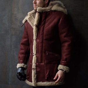 Men's burgundy faux suede shearling hooded coat with toggle buttons and thick fur lining