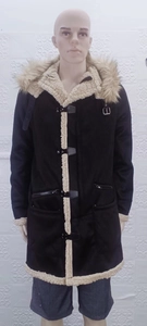 Close-up of men's black parka with warm faux lamb wool lining and hooded fur collar trim