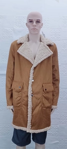 Detailed view of brown faux suede jacket featuring warm shearling lining and large patch pockets