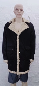 Detail of navy corduroy jacket featuring white faux shearling lining and metal buttons