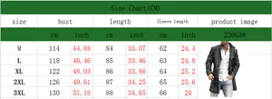 Detailed size chart for men printed wool coat with bust and length measurements in cm and inch