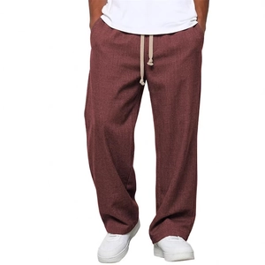 Pantaloni casual da uomo in lino rosso vino con coulisse elastica e taglio dritto