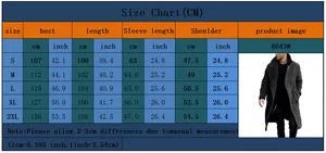 Detailed size chart for men's wool coat with measurements in centimeters and inches